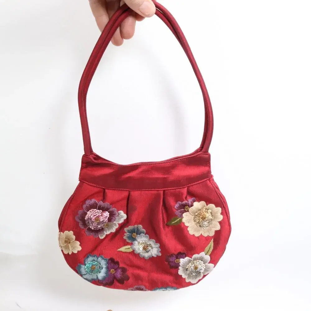 DV Evening Handbag S Red Floral Embroidered Sequin Beaded Purse Satchel Bag